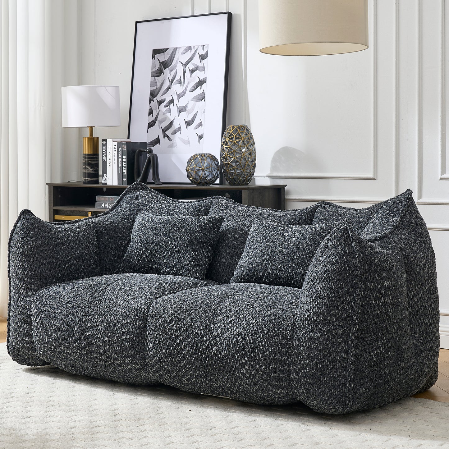 Comfortable Square Beanbag Chair for Two - Black Chenille
