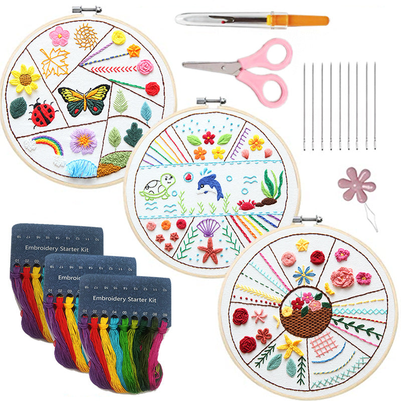 Embroidery Practice Kit with Floral & Animal Patterns - 3-Piece Set for Beginners