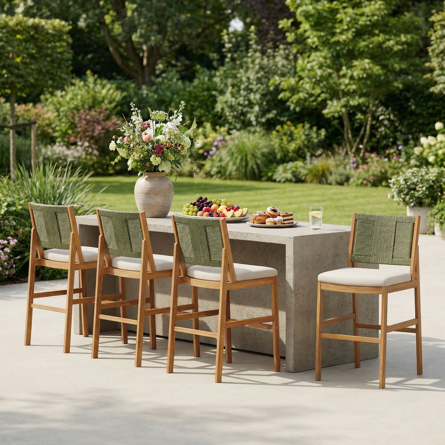 4-Piece Outdoor Bar Stool Set - Solid Acacia Wood & Wicker