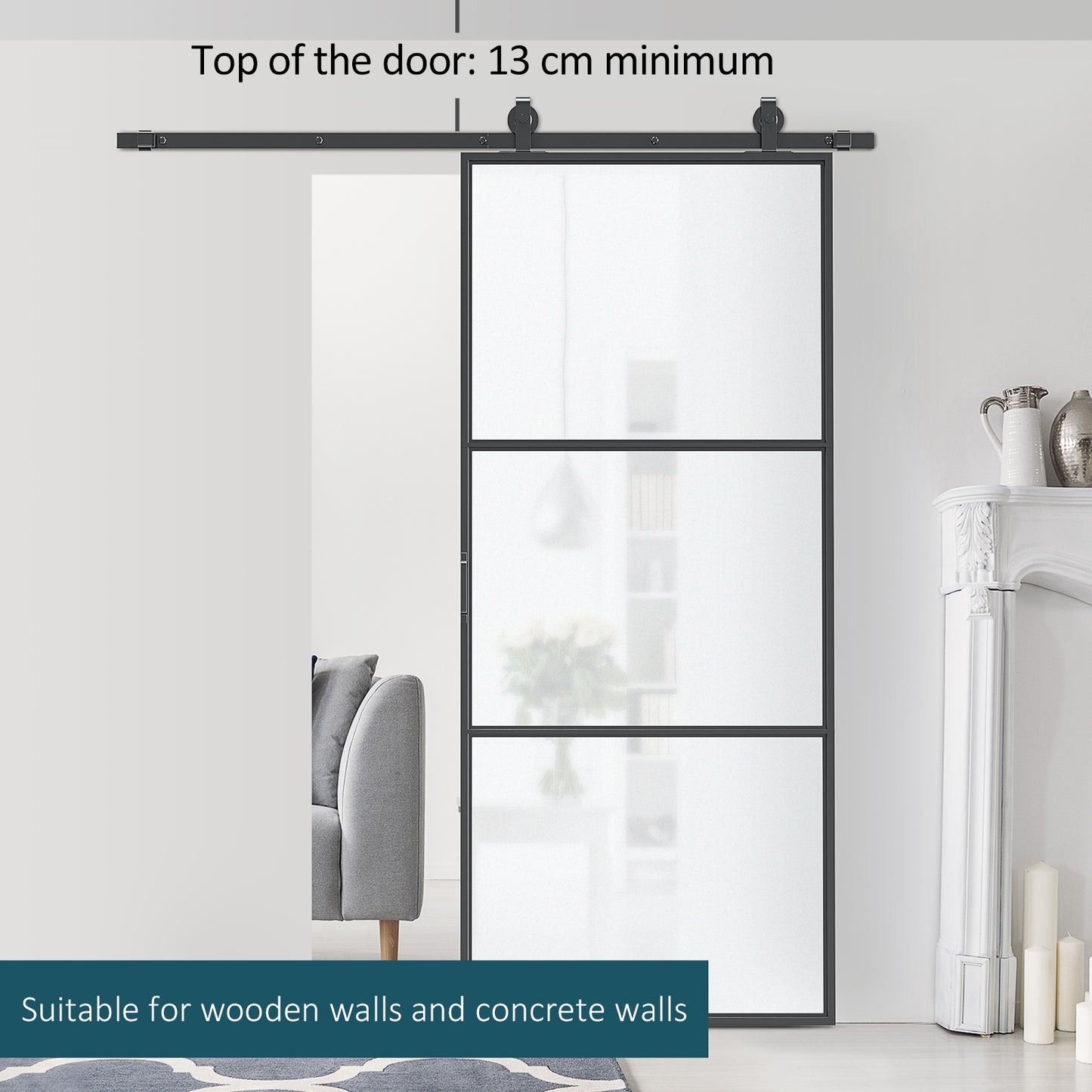36 x 84-Inch Frosted Tempered Glass Sliding Door Kit with Hardware & Handle - Black