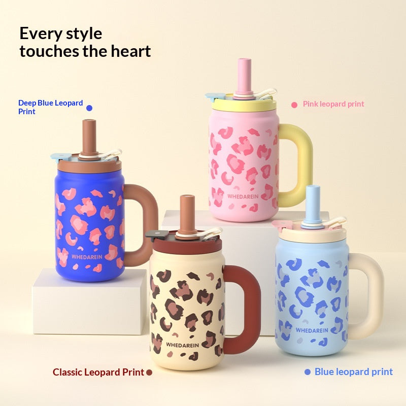 Large Capacity Insulated Stainless Steel Cup with Leopard Print - 800ml