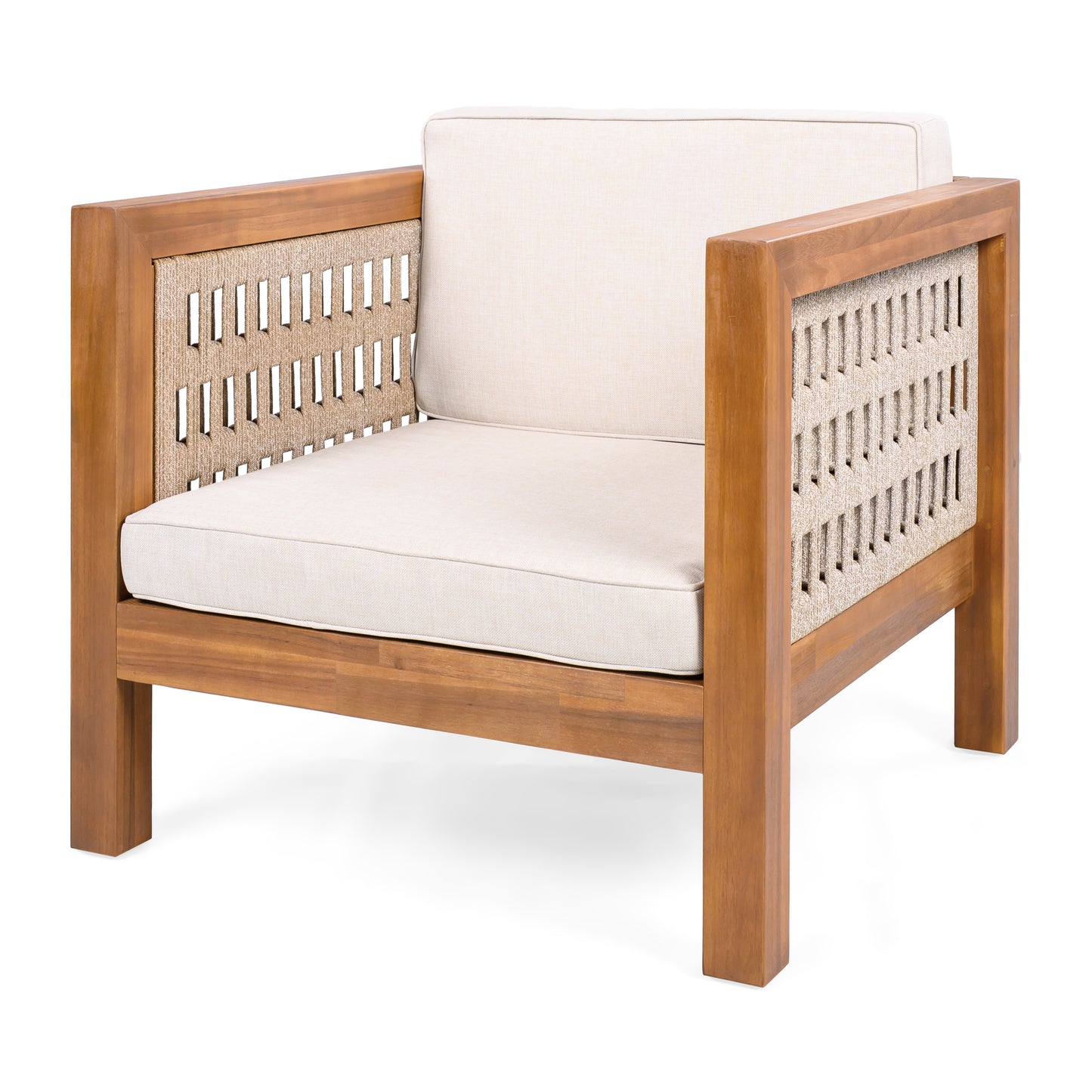 Acacia Wood Outdoor Club Chair with Beige Cushions & Rope Arms