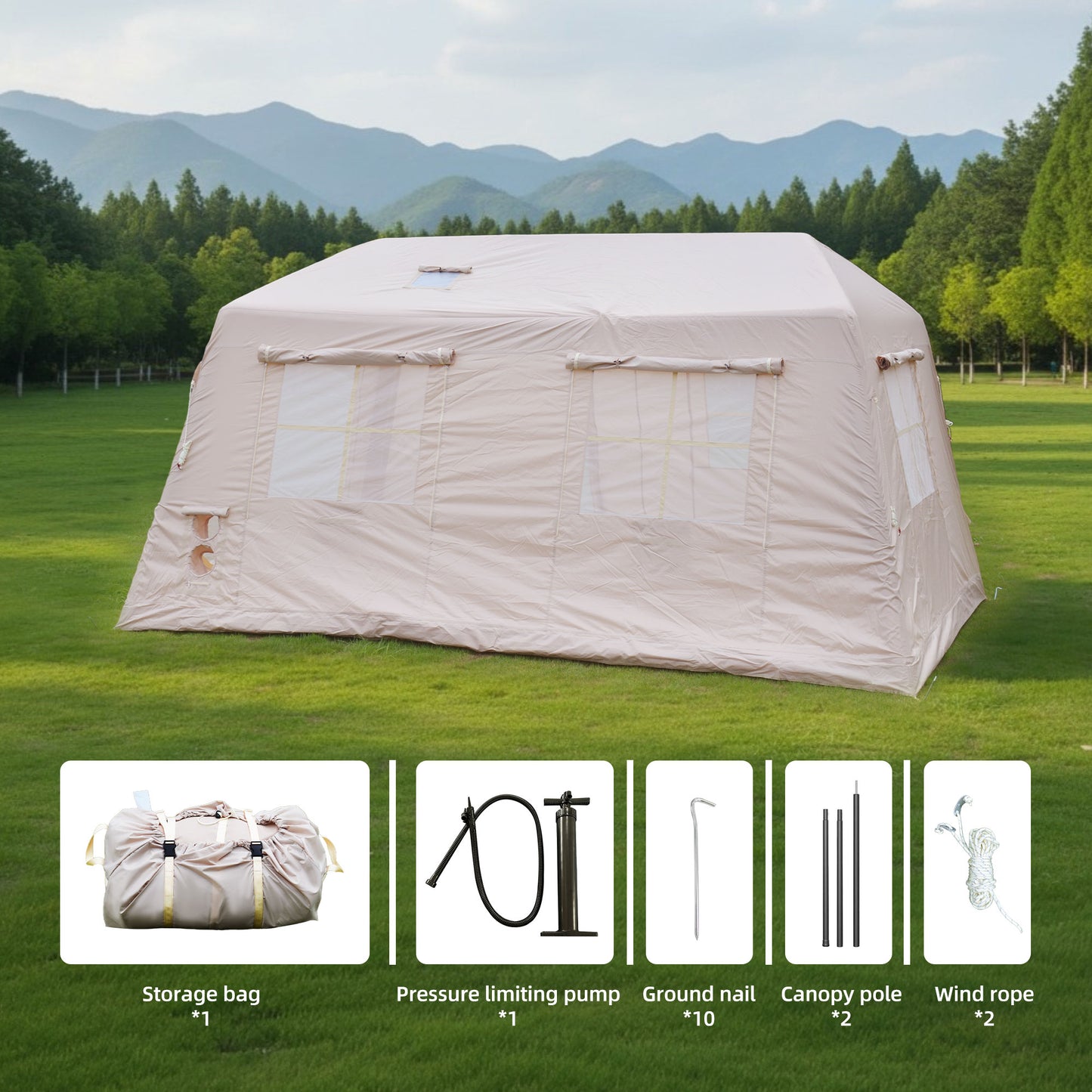 Beige Inflatable Tent for Camping - 2-Room Waterproof Glamping Tent