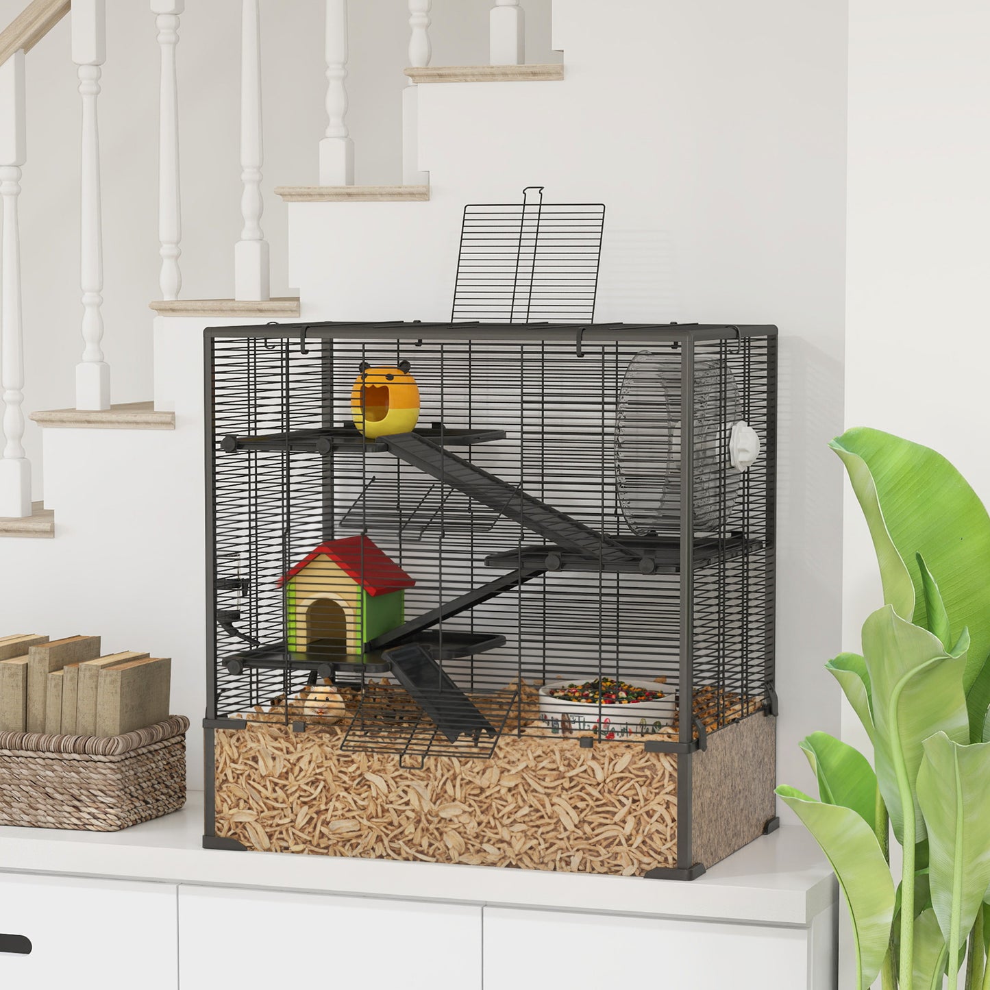 4-Tier Hamster Cage with Deep Tempered Glass Bottom & Accessories, Black