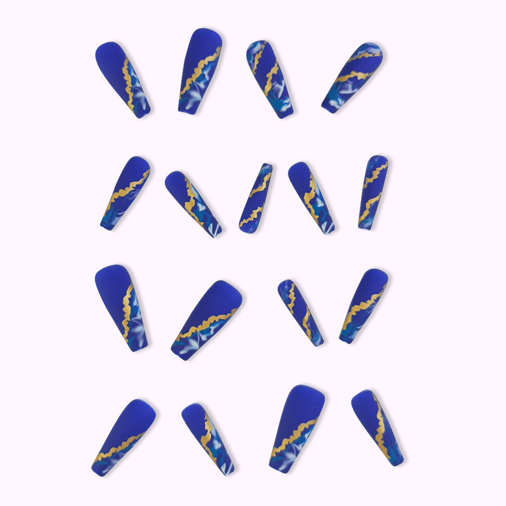 Blue Flame Marbling Fake Nail Patches with Glue - Starry Sky Design