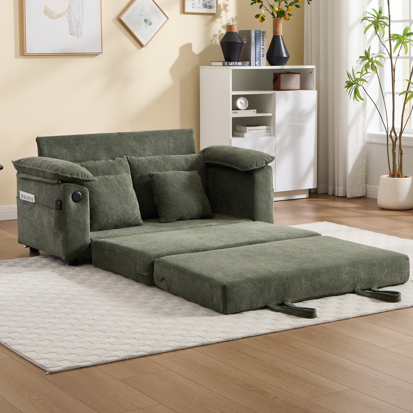 58-Inch Convertible Futon Sofa Bed with Side Pockets - Green