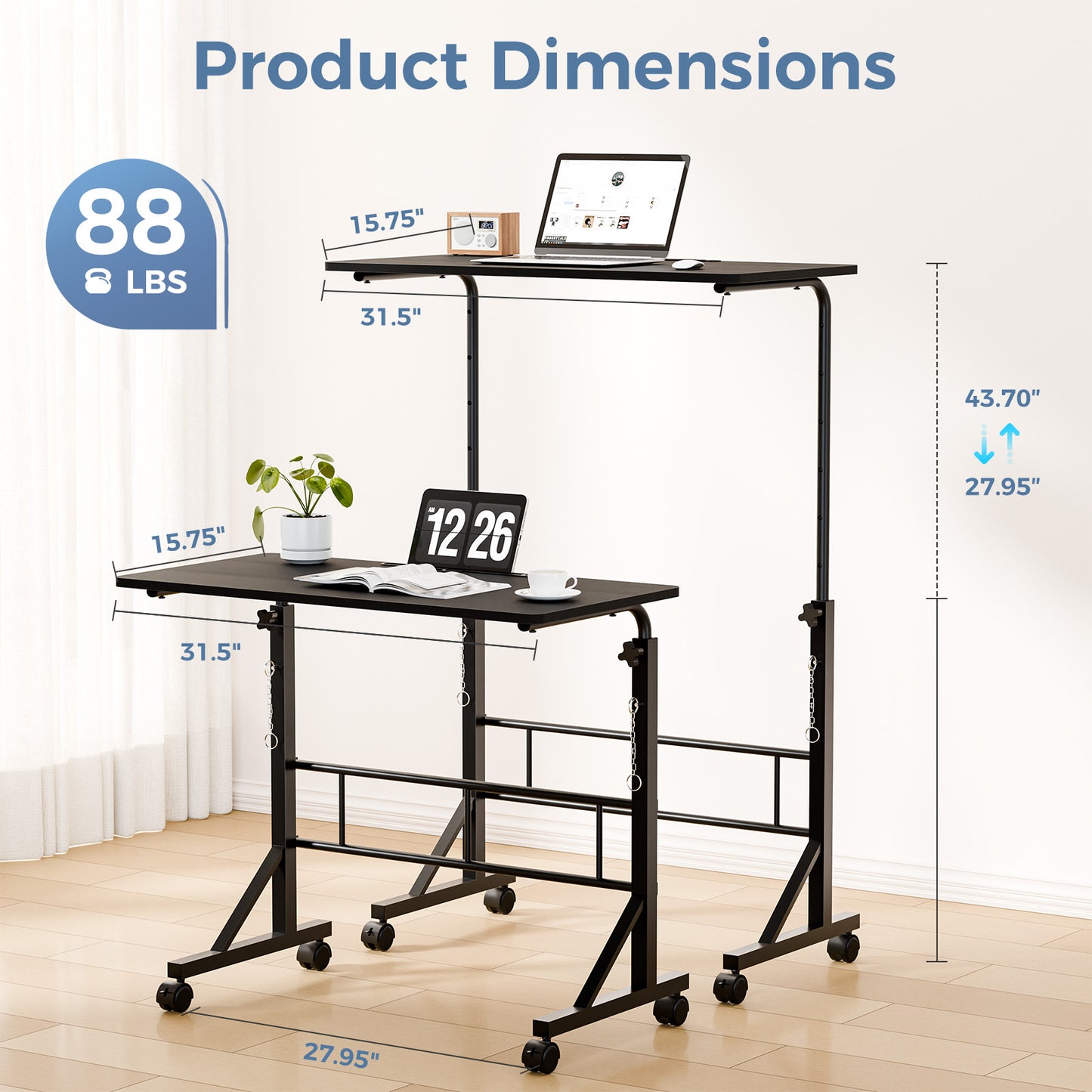 31.5-inch Adjustable Mobile Desk with Locking Wheels - Multiple Colors
