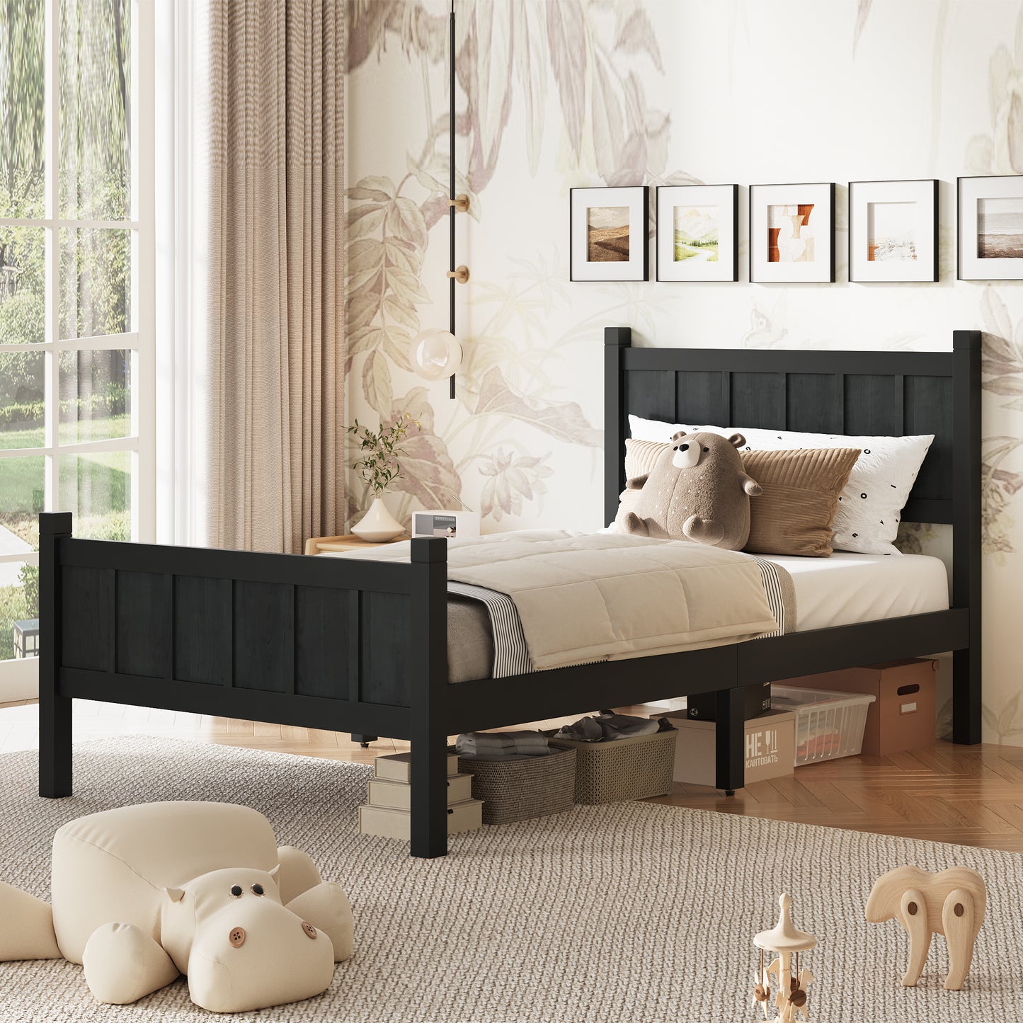 Twin Size Flat Panel Bed With Headboard & Footboard, Minimalist