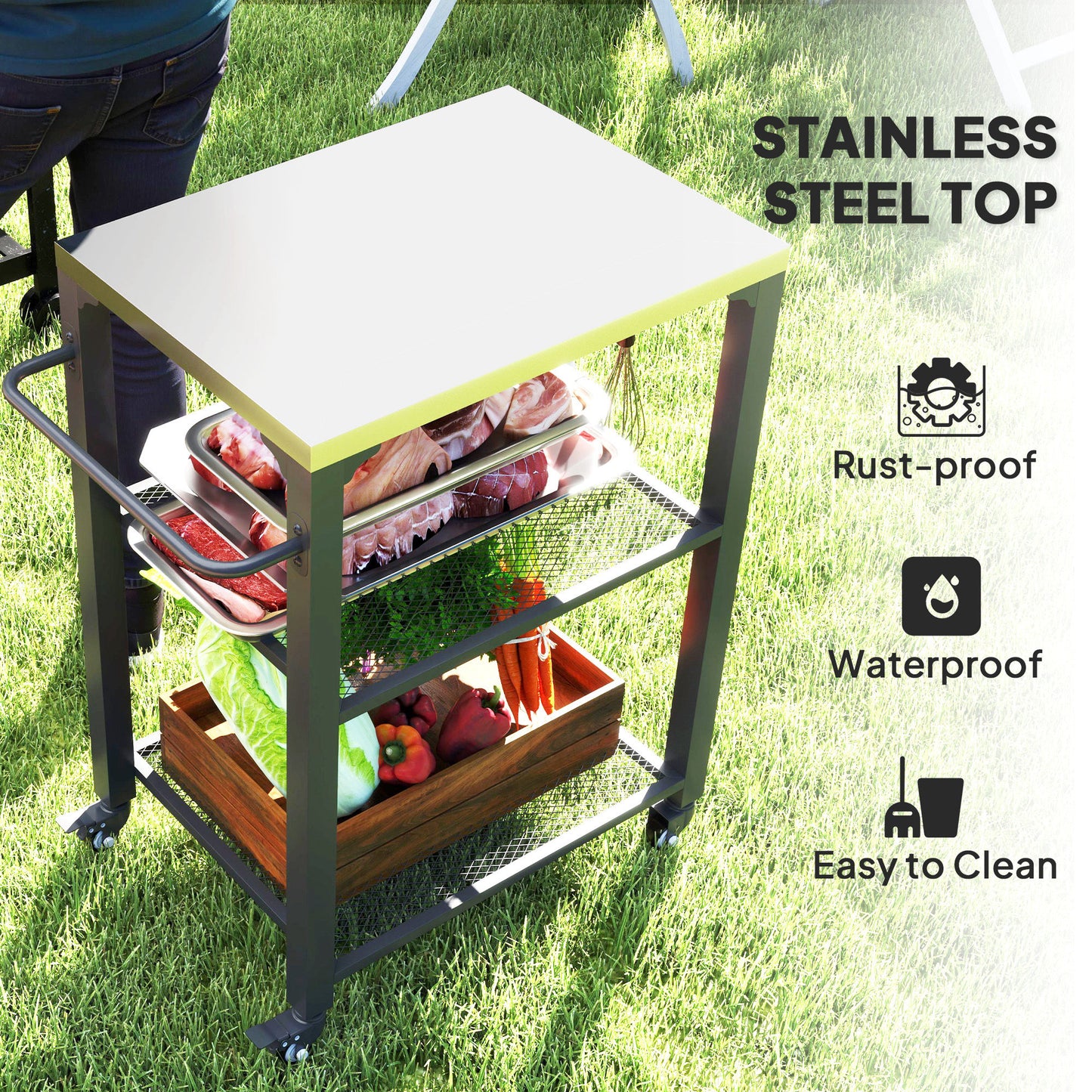 Stainless Steel Outdoor Grill Cart with 3 Shelves & Wheels
