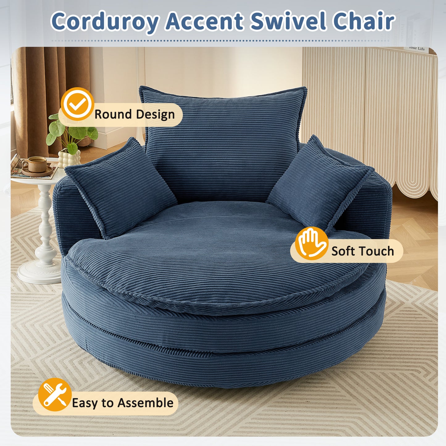 360° Swivel Accent Chair with Dual-Layer Cushion - Blue