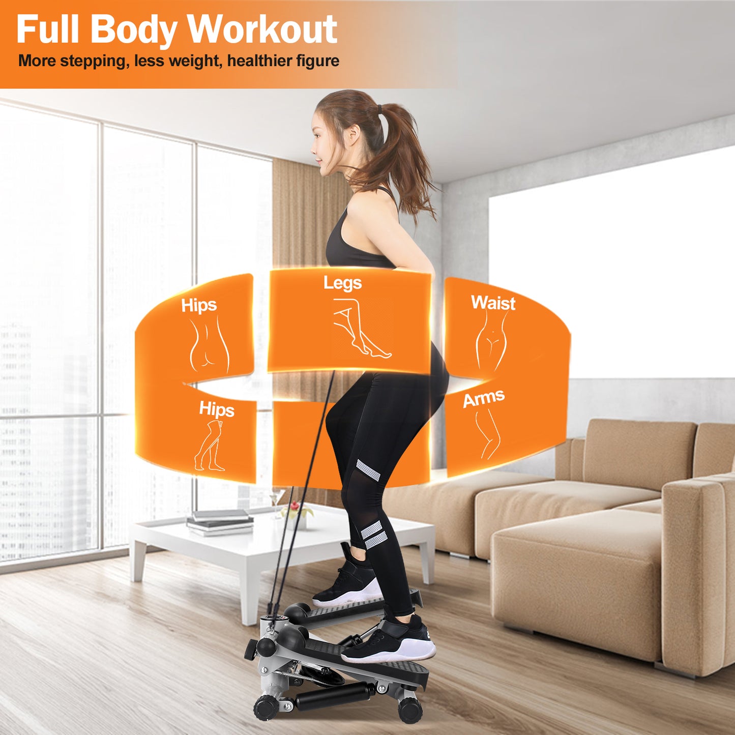 Mini Fitness Stepper with Resistance Bands & LCD Monitor - Grey