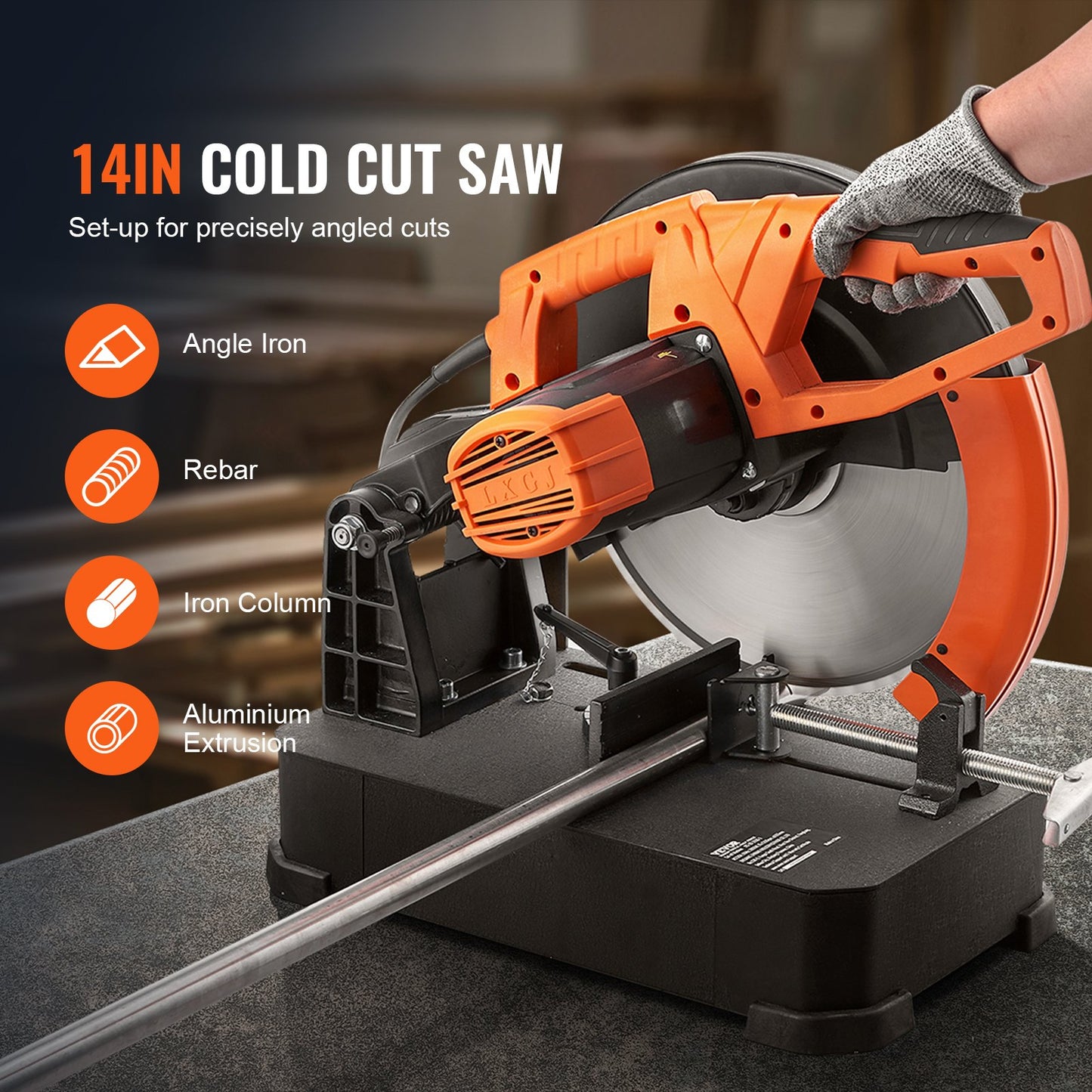 14-Inch (355mm) Dry Cut Off Saw with 2800W Power and 0-45° Adjustable Miter for Metal Cutting - Yellow