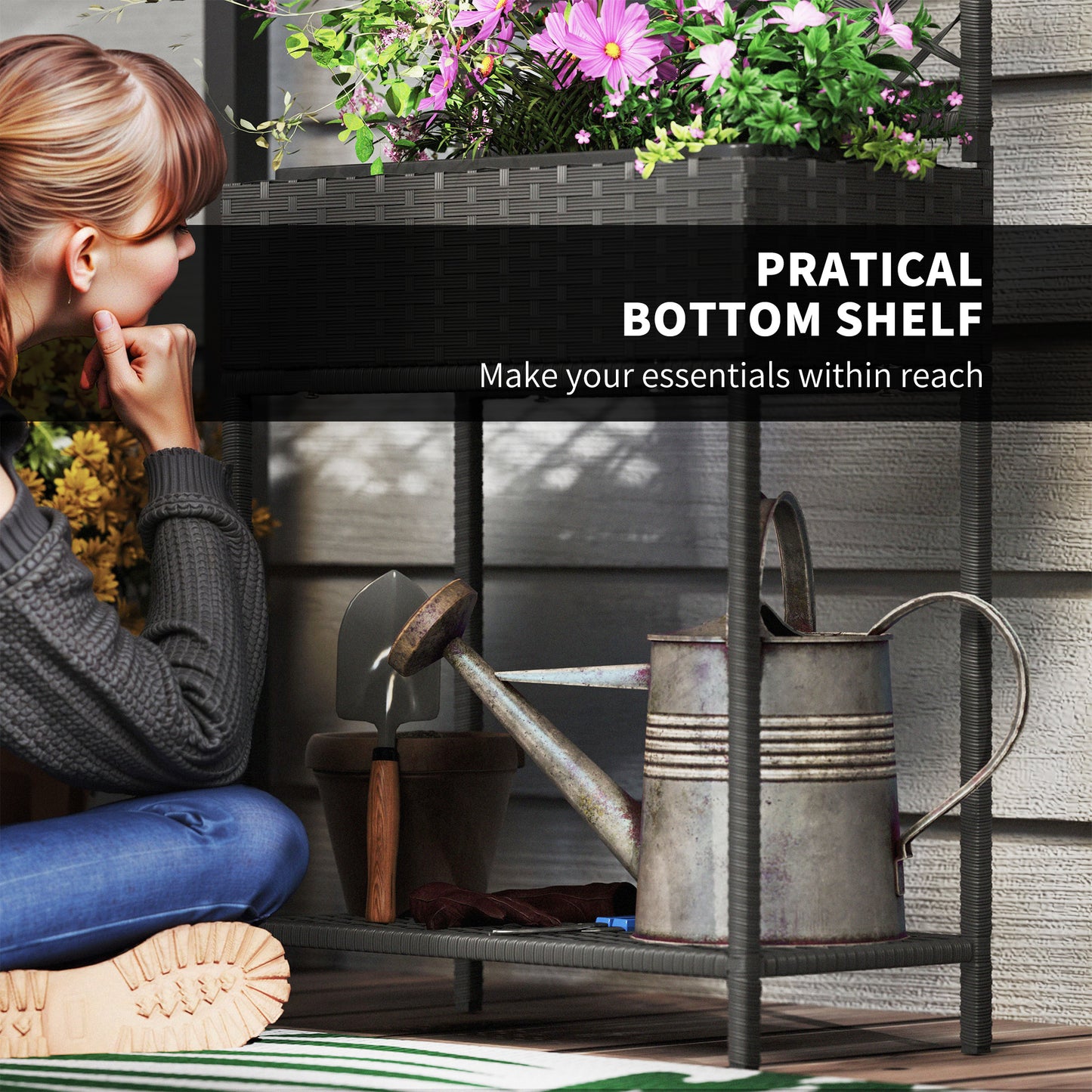 Outdoor Wicker Planter with Trellis and Storage Shelf - Black Garden Box