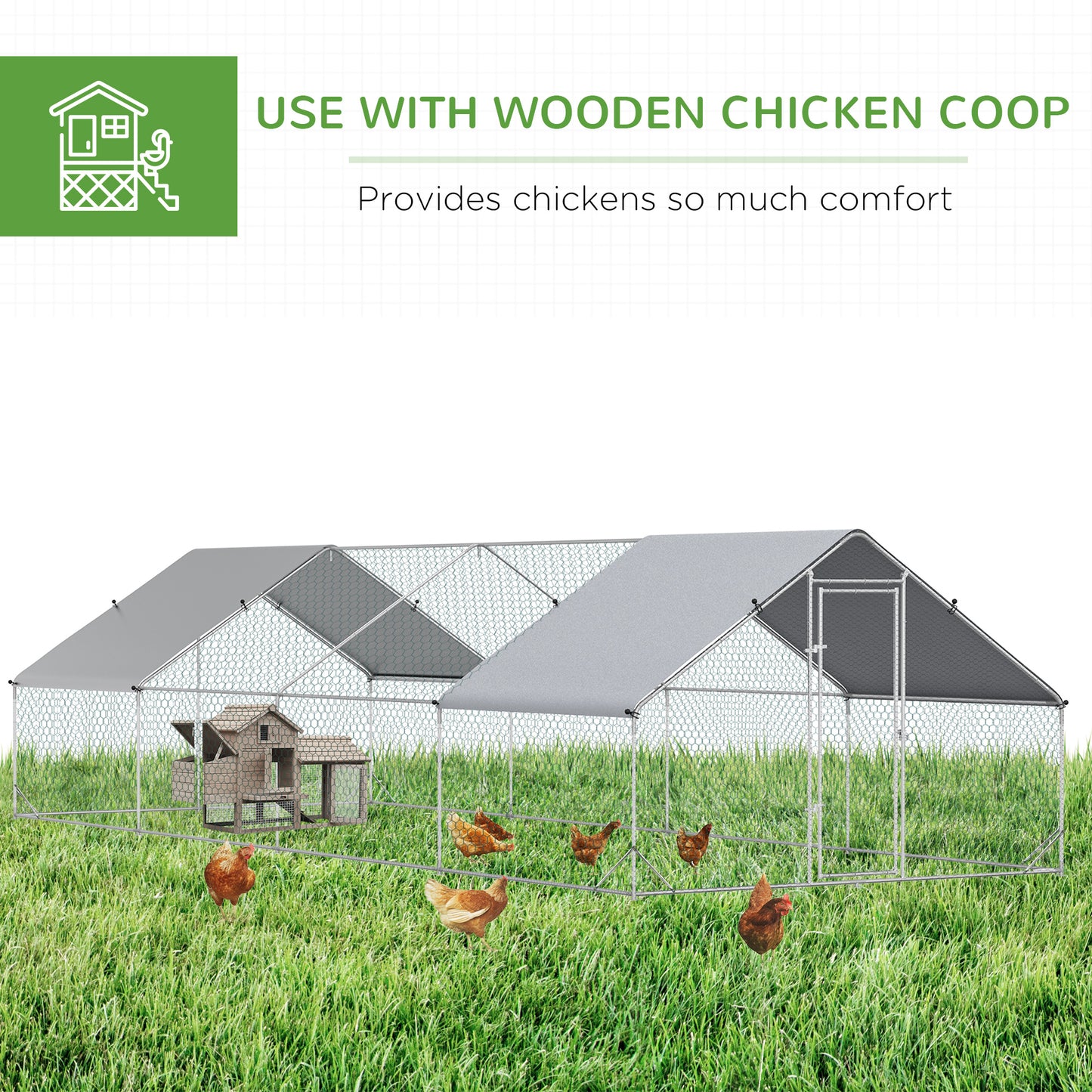 Large Metal Chicken Coop with Waterproof Cover - Outdoor Walk-In Fence Cage, 26.2x9.8x6.6 ft