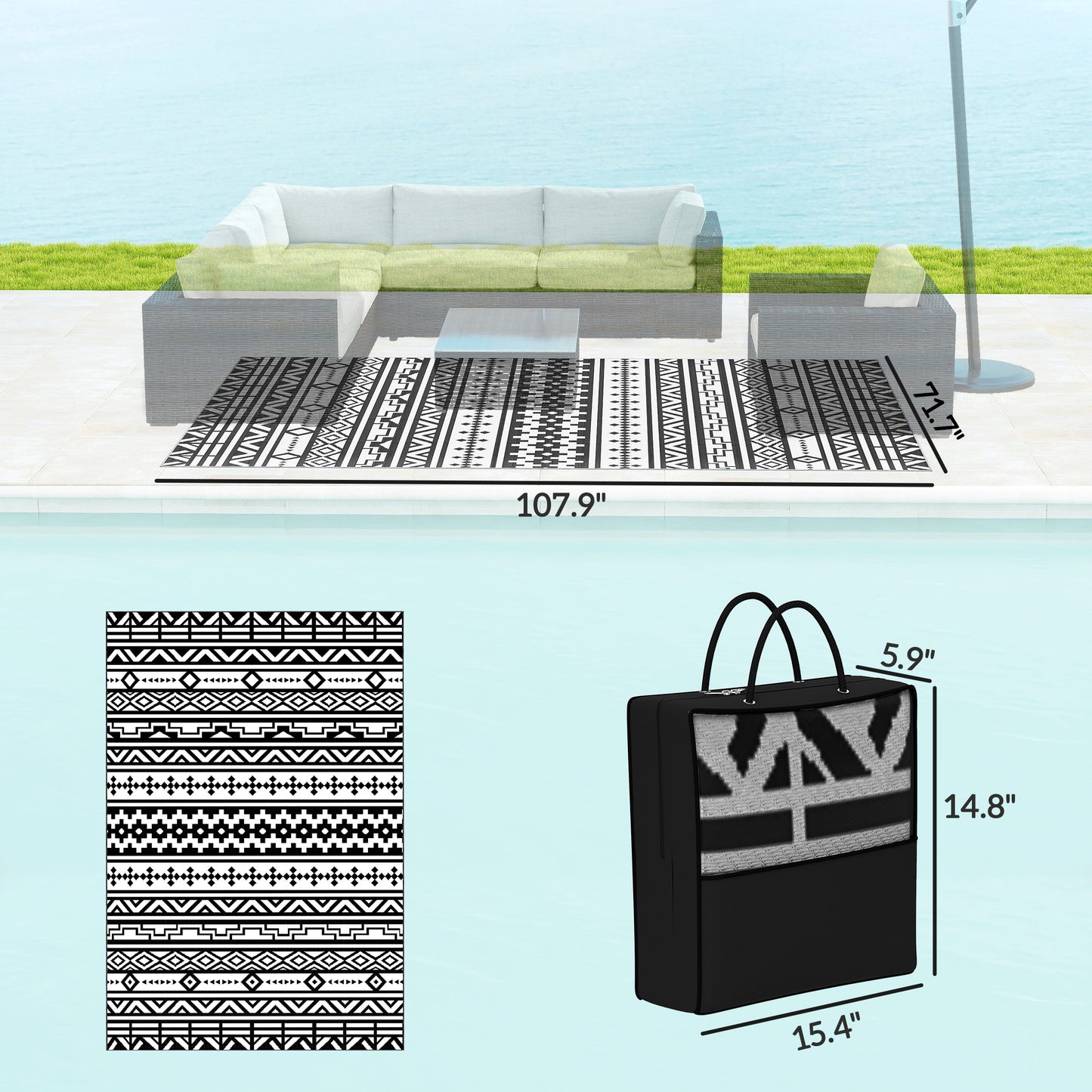 Reversible Outdoor Rug - Waterproof Black & White Geometric, 6x9