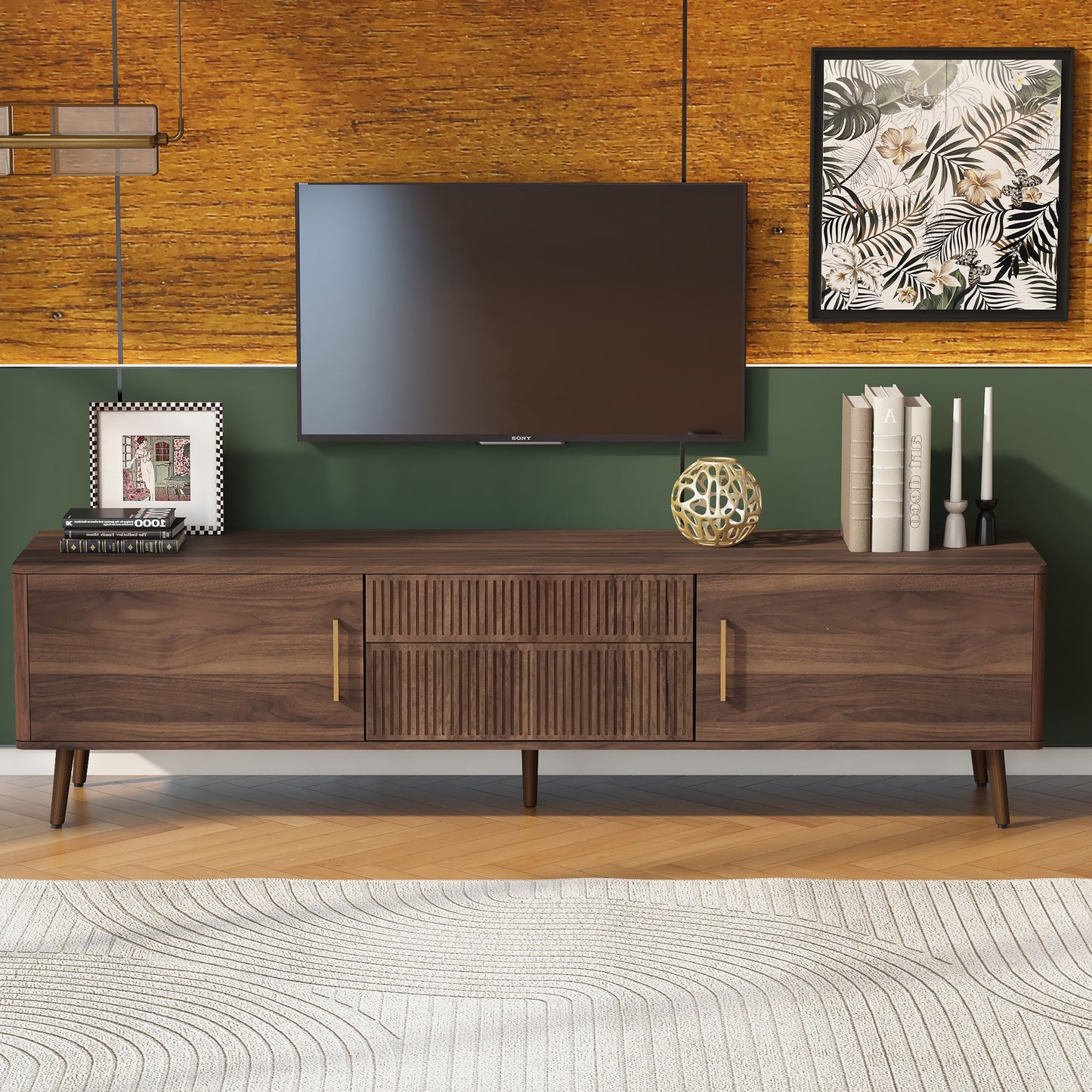 Mid Century TV Stand with 2 Drawers for TVs Up to 80'' - Walnut