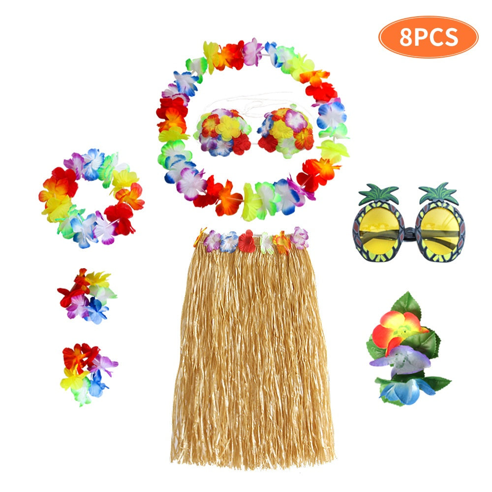 Adult Grass Skirt Set 8-Piece Party Costume for Festive Occasions