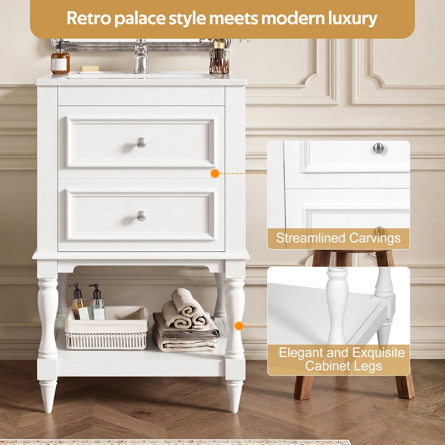 20'' White Bathroom Vanity with Ceramic Sink & Storage Cabinet