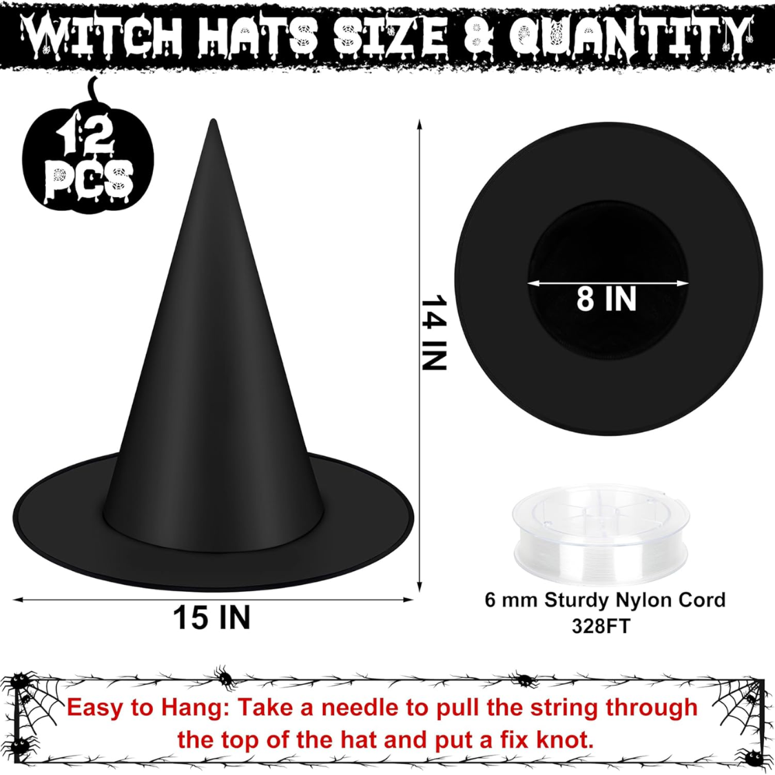 12 PCS Black Hanging Witch Hats for Halloween Decor