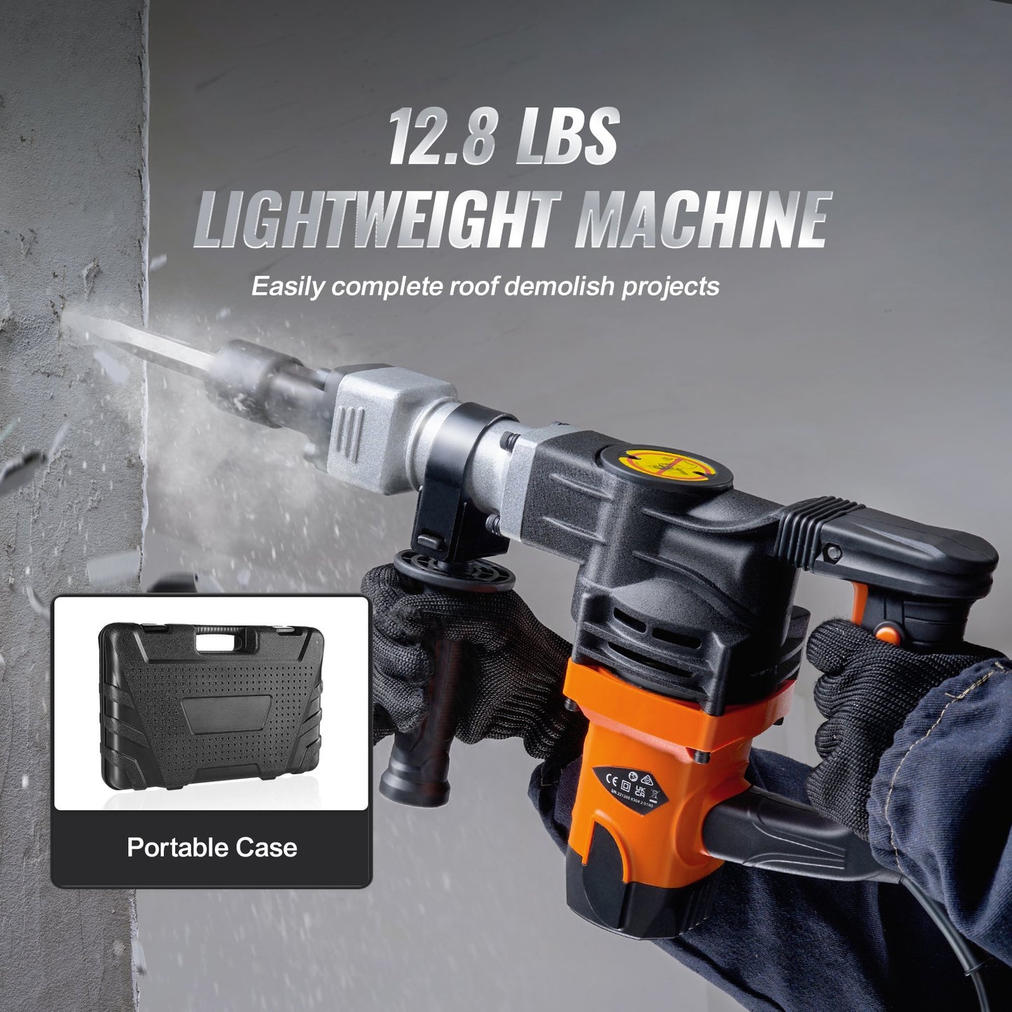 Electric Demolition Hammer 1400W Concrete Breaker with 2 Chisels - Orange