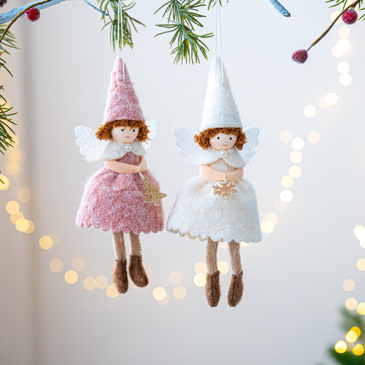 Christmas Girl Angel Felt Pendant Decor - White & Pink Holiday Ornaments