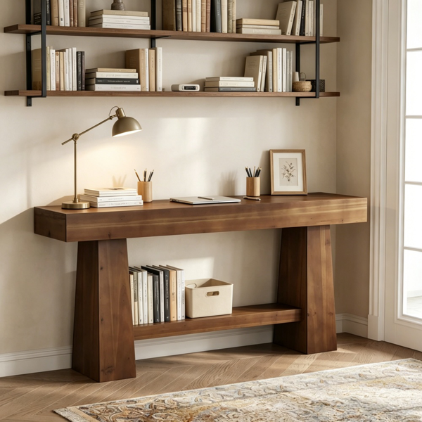 Solid Wood Console Table - Rustic 2-Tier Entryway Furniture