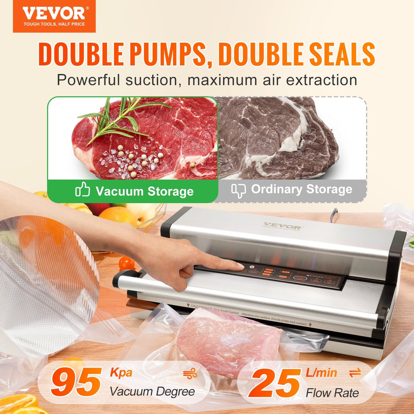 Vacuum Sealer Machine 95Kpa 350W Dual Pump for Food Storage - Automatic & Manual