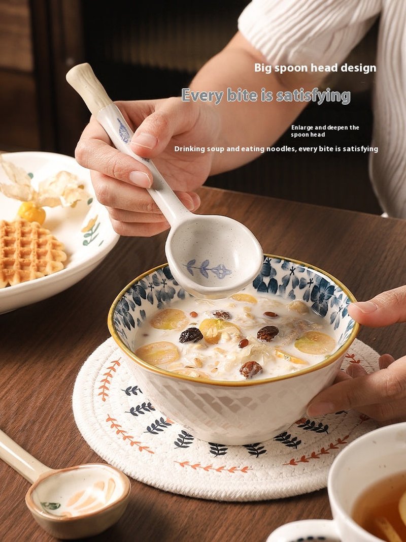 Ceramic Small Fish & Flower Soup Spoons Set - Kitchen Utensils for Dining