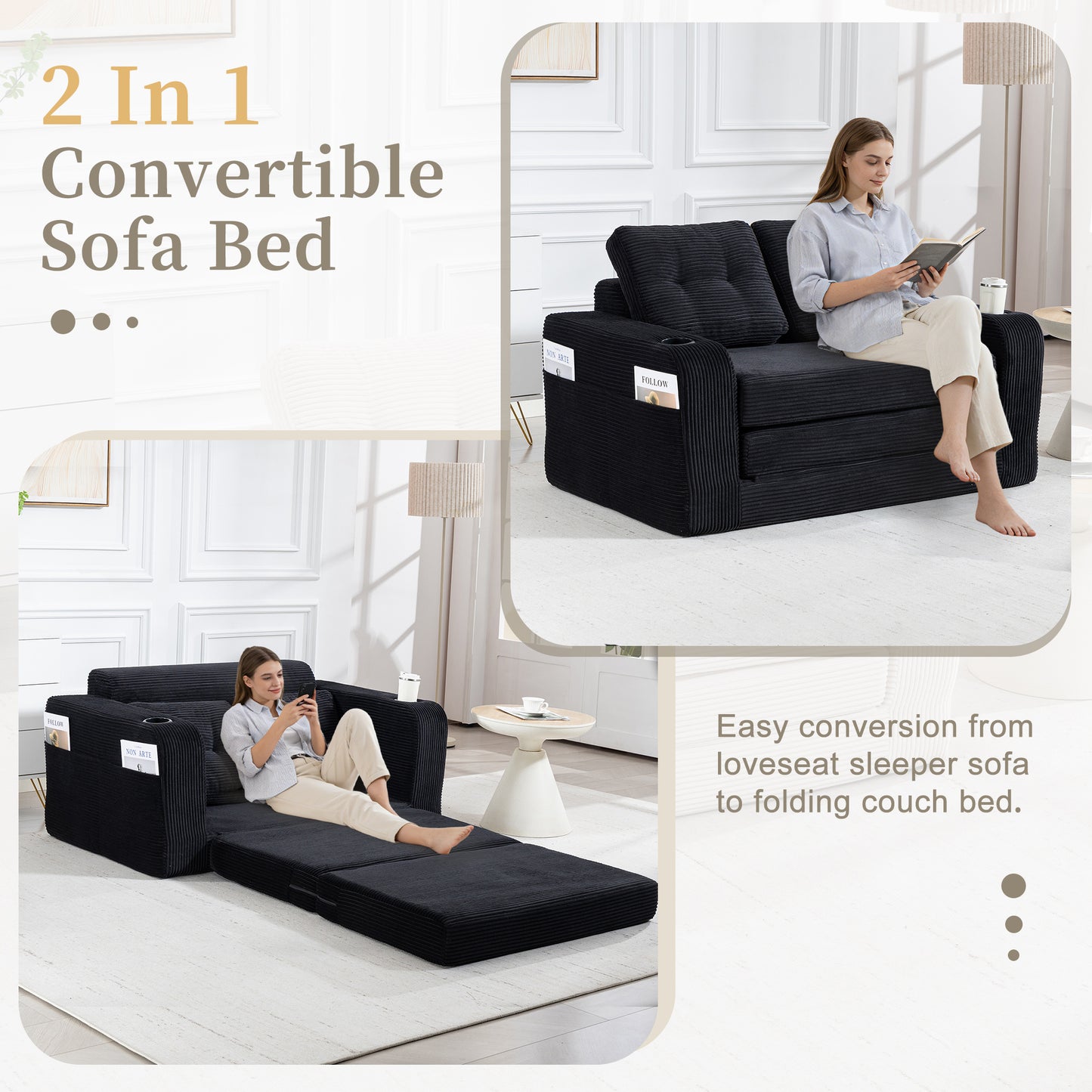 Convertible Sofa Bed - Expandable 2-in-1 Floor Couch with Pillows - Black
