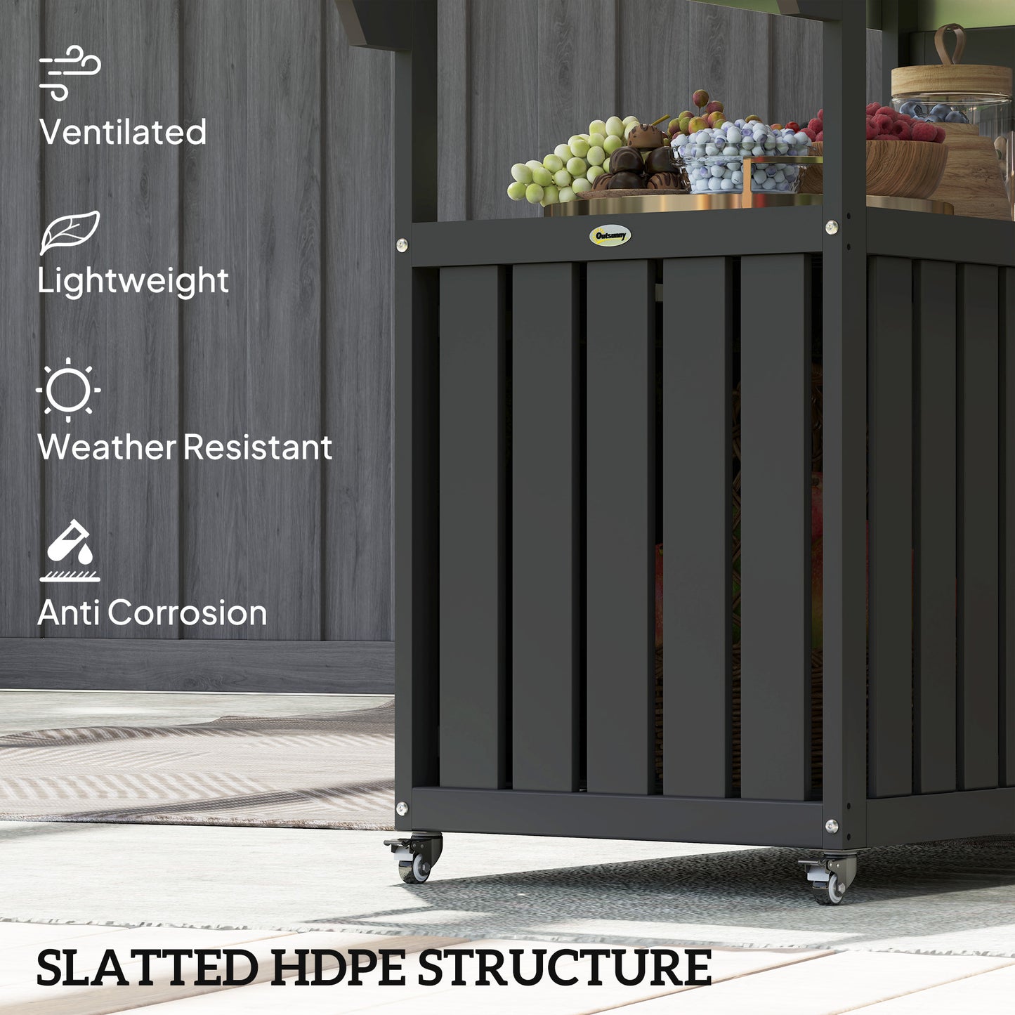 Outdoor Bar Cart with Stainless Steel Top & Storage - Black