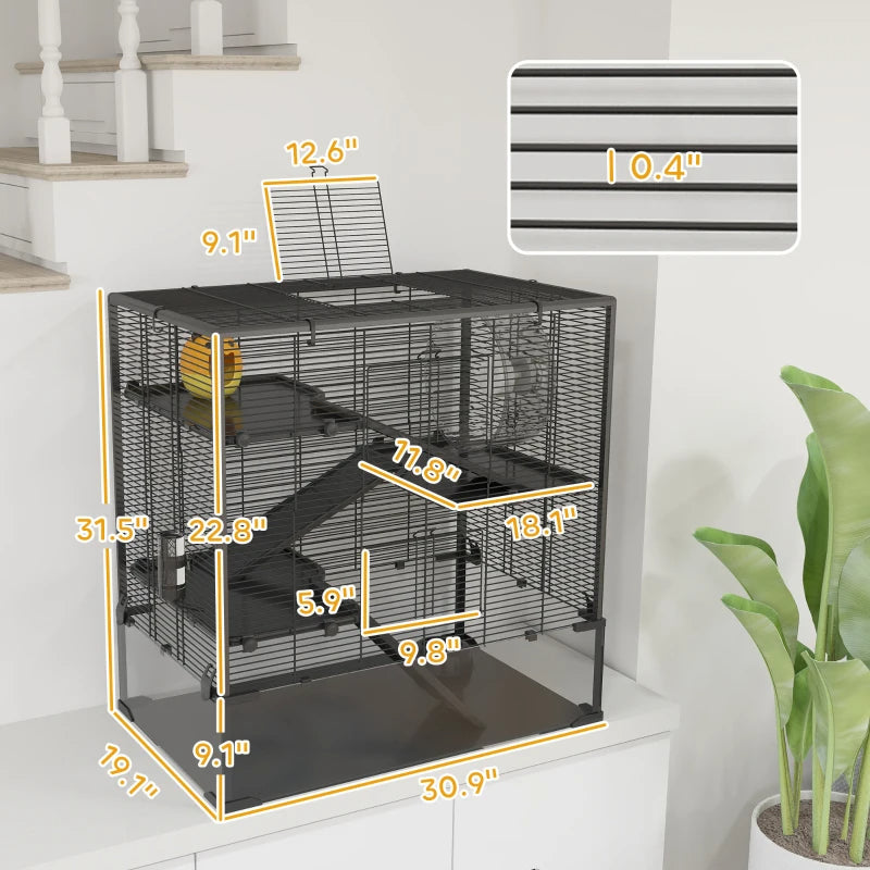 Multi-Level Hamster Cage with Tempered Glass Bottom, Running Wheel & Hut