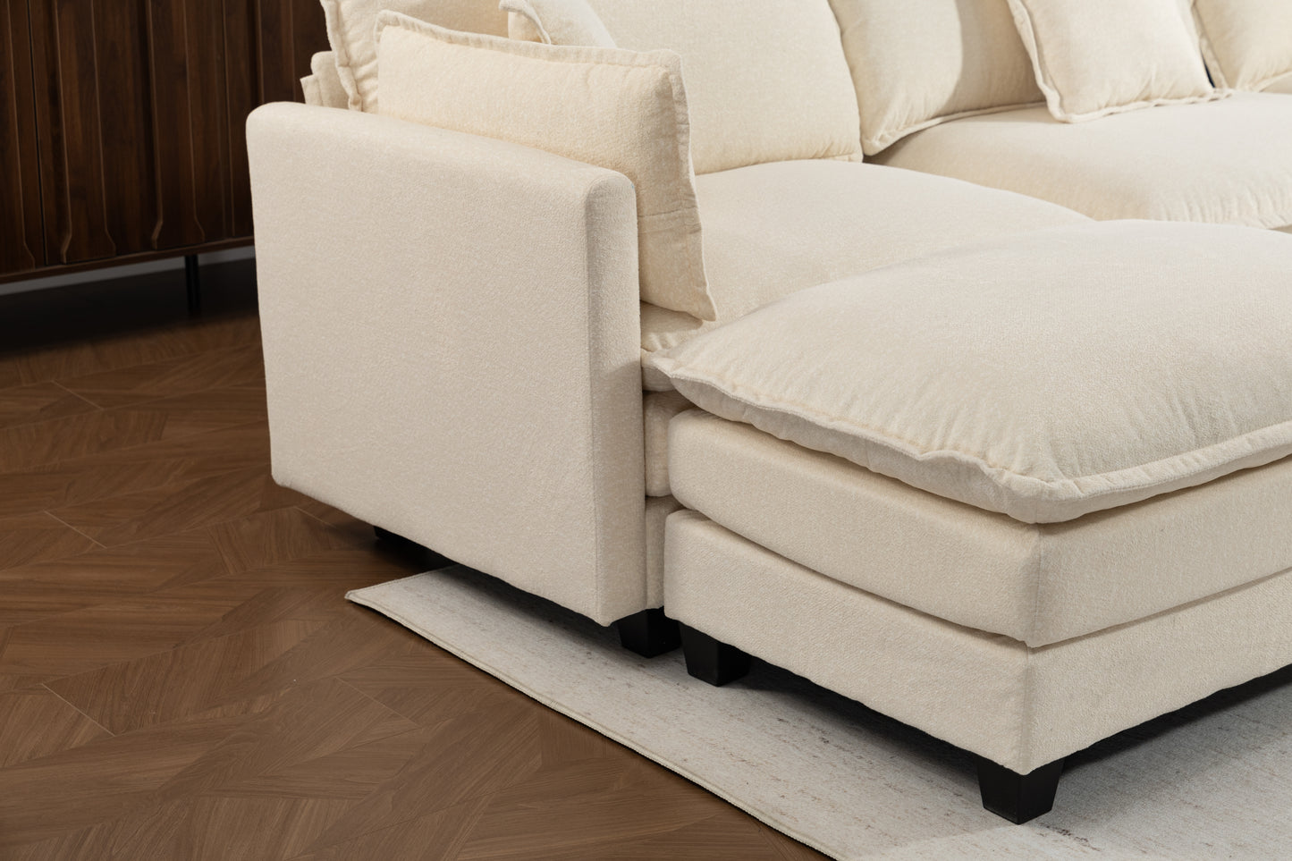 Antique White 4-Seat Sectional Sofa with Ottoman & Pillows