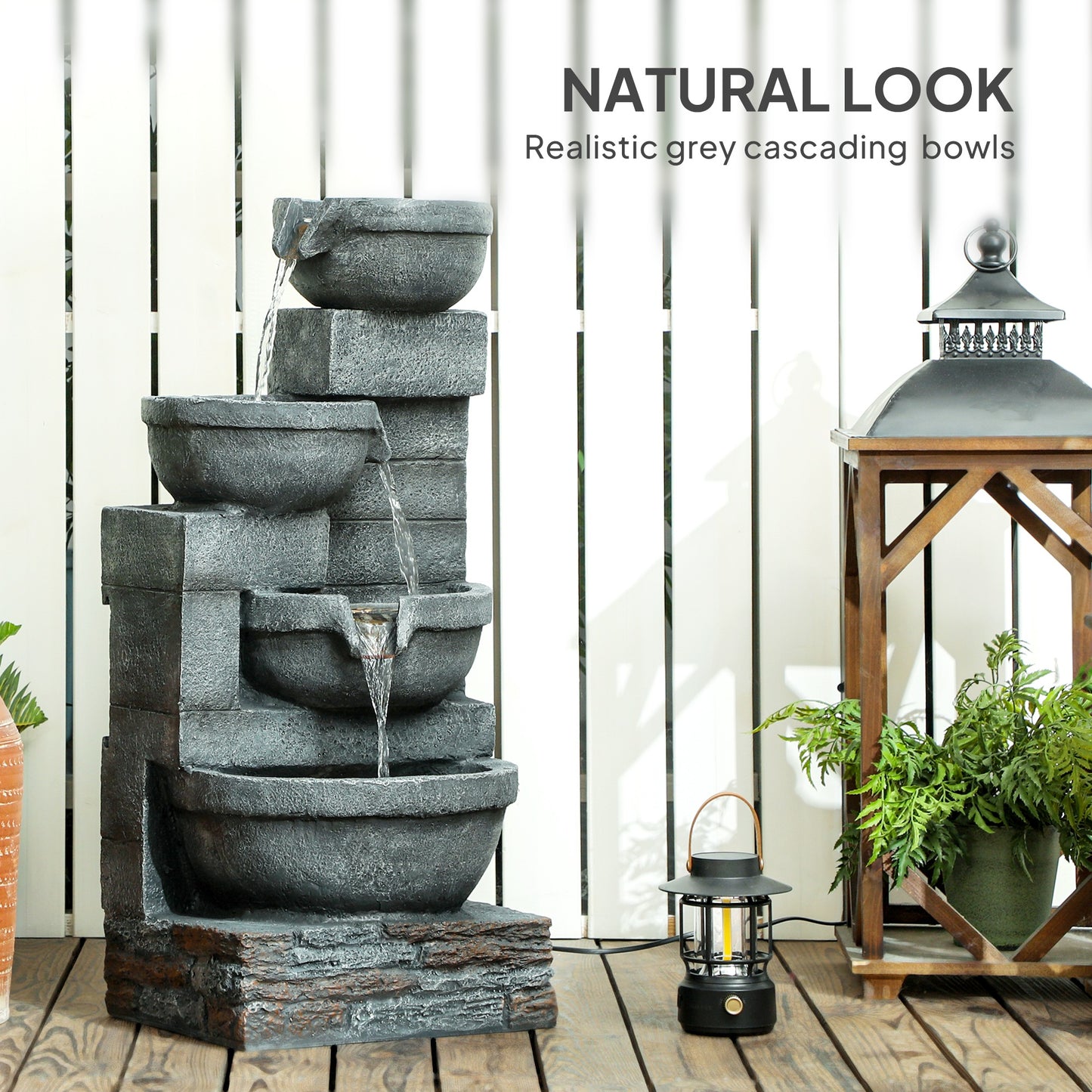 30-Inch Outdoor Waterfall Fountain with LED Lights, 4-Tier Resin Cascading Water Bowls
