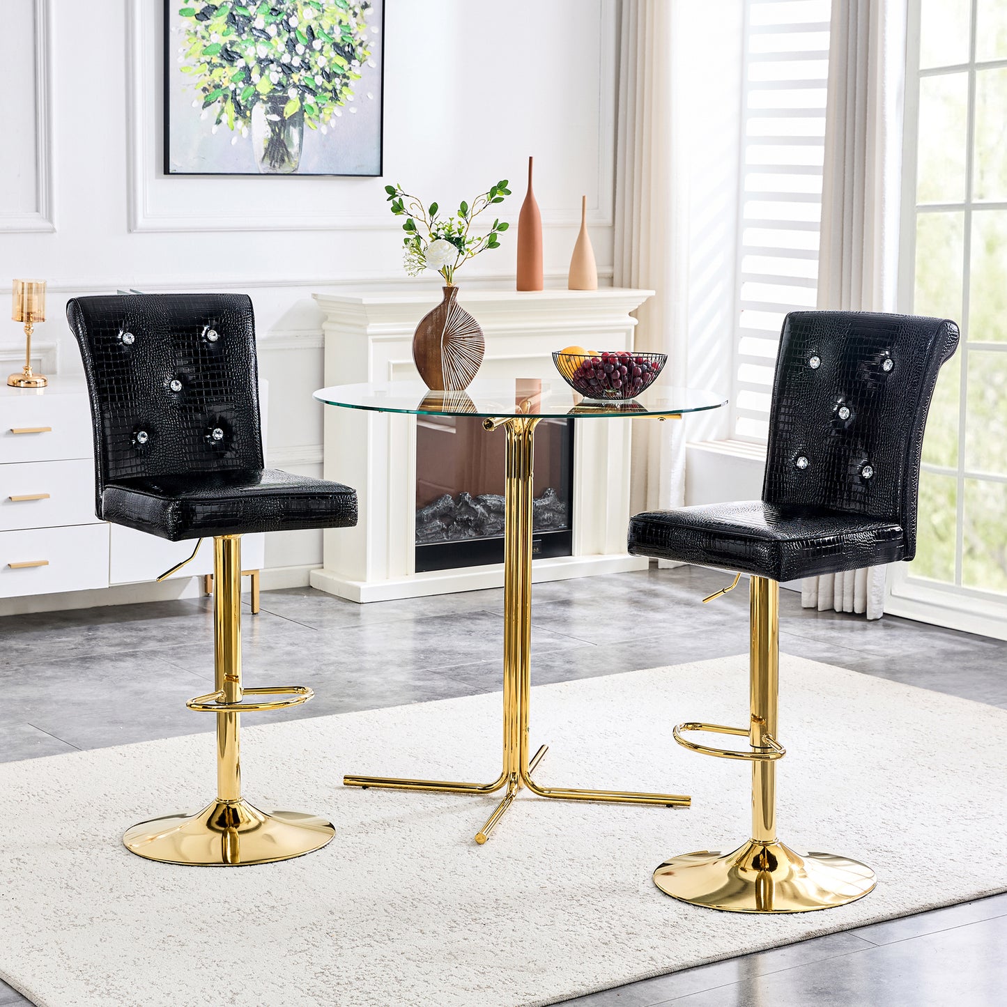 A Set Of 2 Black Vintage Crocodile Leather Lift Bar Chairs, Featuring