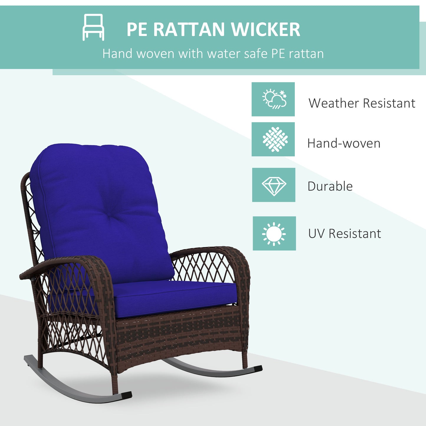 Rattan Porch Rocker with Plush Cushion - Dark Blue
