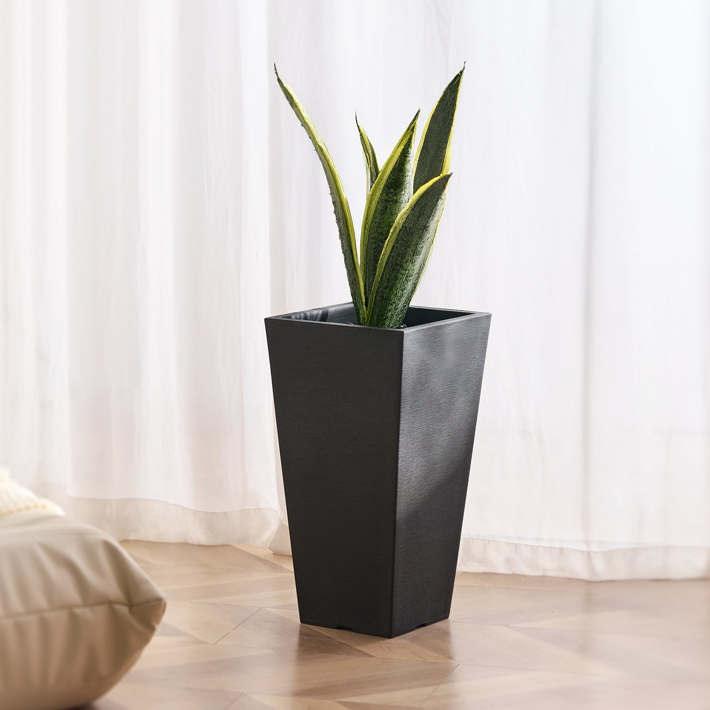 Tall Outdoor Plant Pot Set of 2 - 22 Inch Black Garden Planters with Drainage