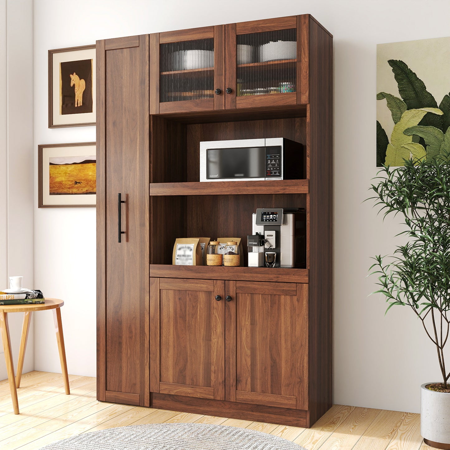 Farmhouse Kitchen Pantry Cabinet with Pull-Out Storage Shelf - Walnut