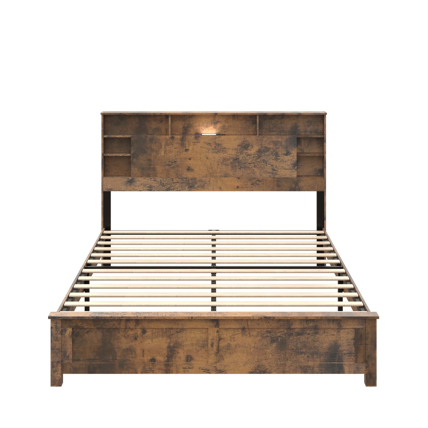 Queen Wood Platform Bed Frame with Bookcase Headboard & LED