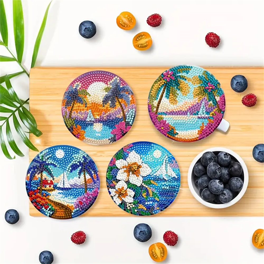 DIY Diamond Art Coaster Kit with Holder - Landscape Pattern, for Adults & Beginners