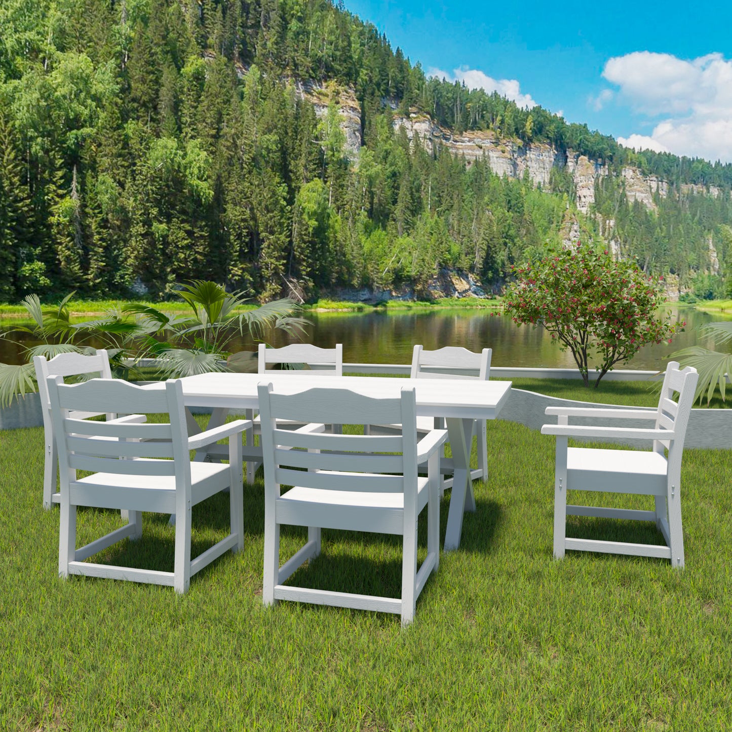 Patio Dining Chair Set of 2 - White HIPS with Wood Grain Texture