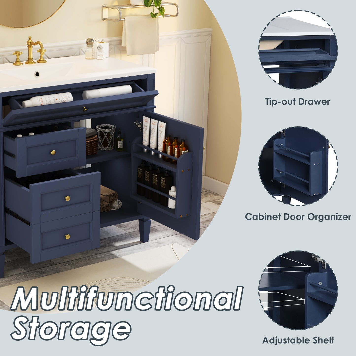 36'' Blue Bathroom Vanity with Ceramic Sink & 3 Drawers