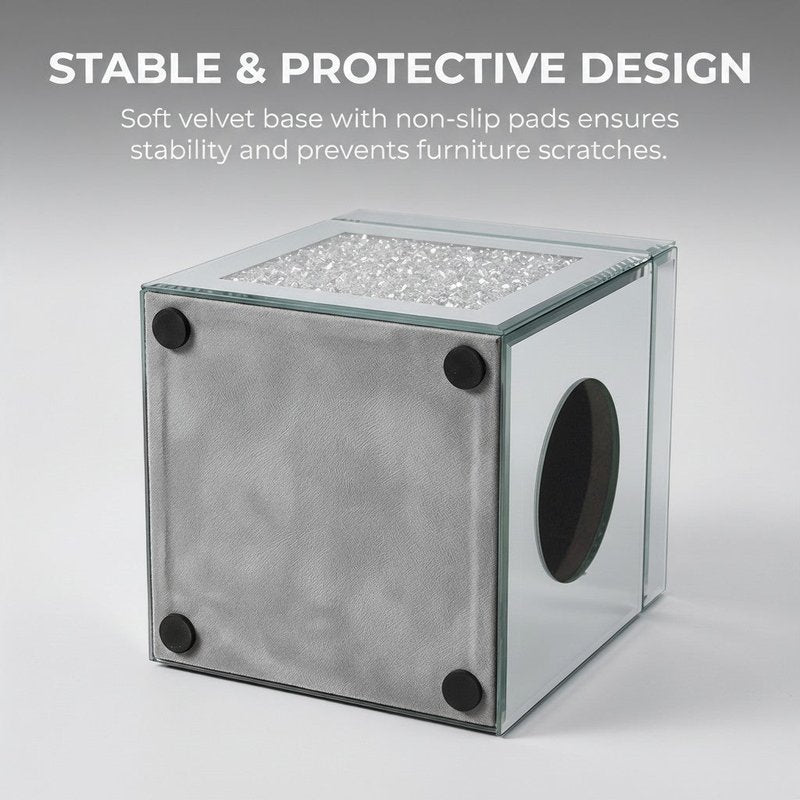 Mirrored Crushed Diamond Tissue Box Cover Square Glass Bathroom Decor Silver