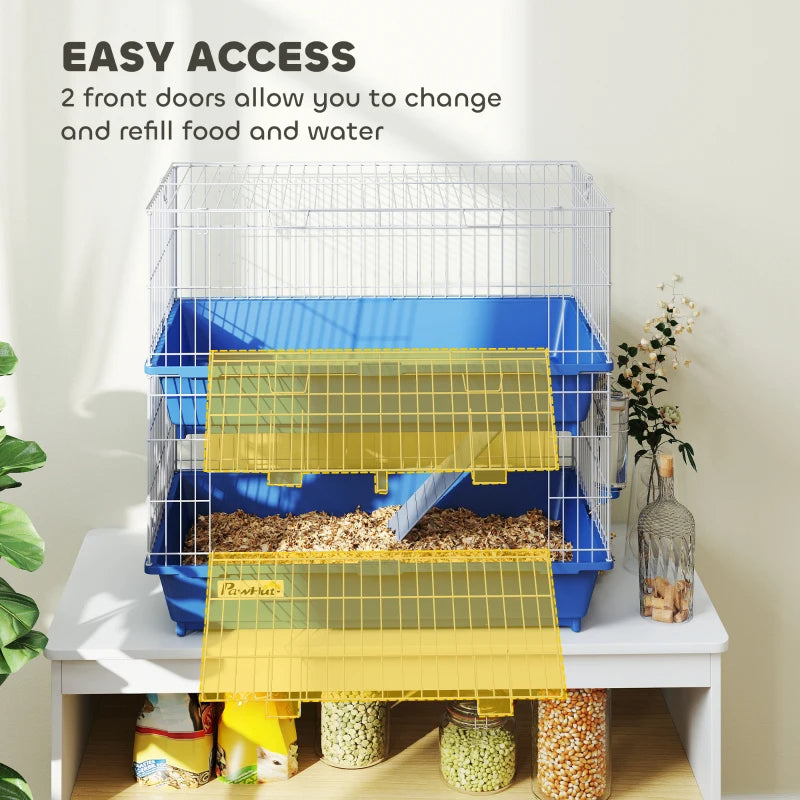 2-Tier Small Animal Cage with Ramp and Accessories - Indoor Guinea Pig, Chinchilla, Ferret Habitat in Blue & Gray