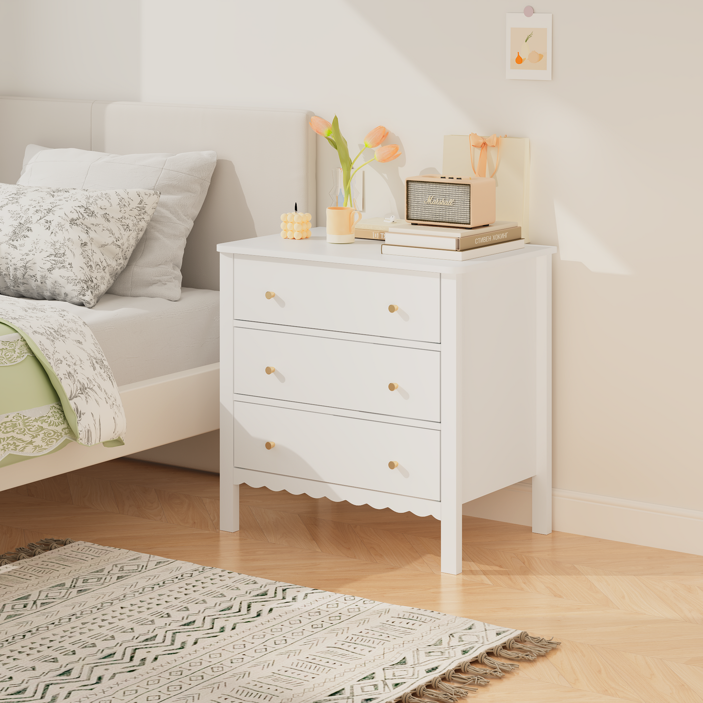 White 3 Drawer Dresser - Modern MDF Storage Cabinet