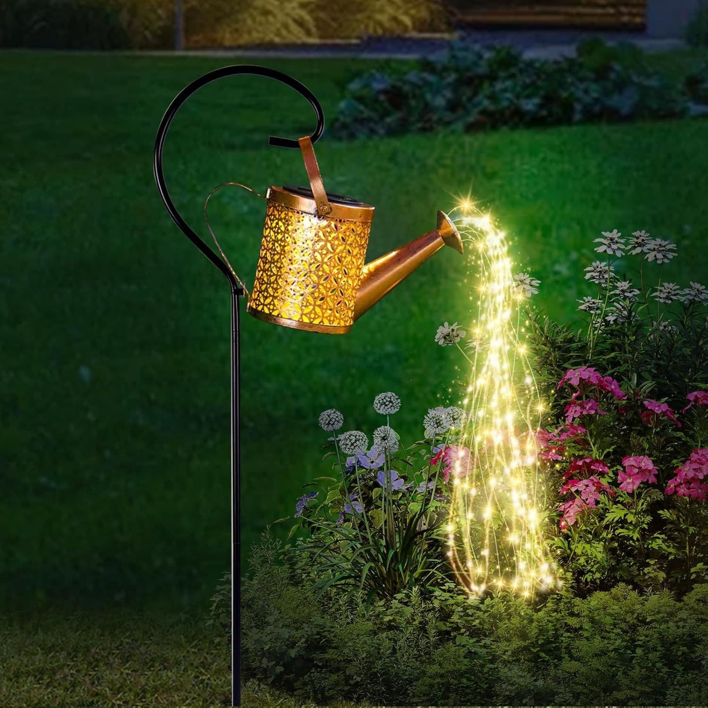 Outdoor Solar Watering Can Lantern String Lights Garden Decor Waterproof Metal Kettle