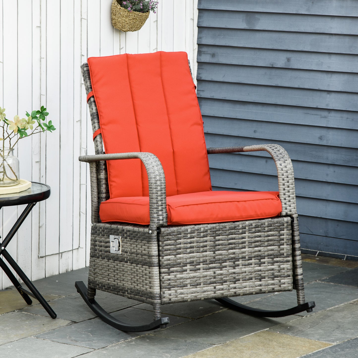 PE Rattan Outdoor Rocking Recliner with Footrest - Red