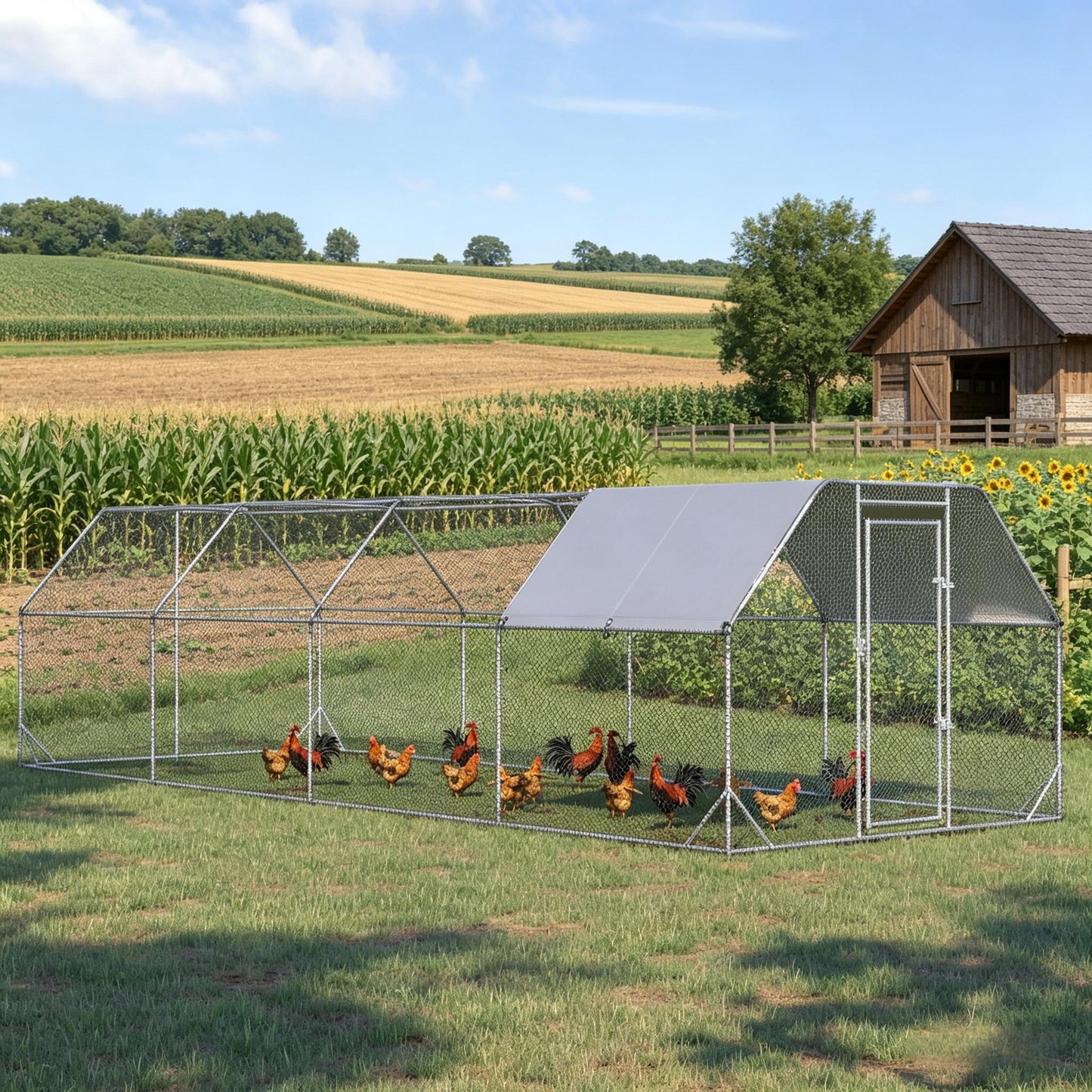 Large Metal Chicken Coop with Waterproof Cover - 24.9' x 9.2'