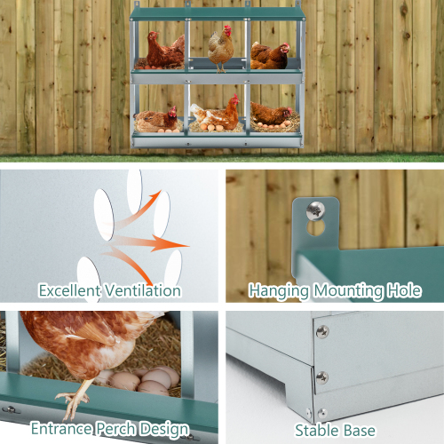 Galvanized Steel Chicken Nesting Box with 6 Compartments - Easy Assembly, Green