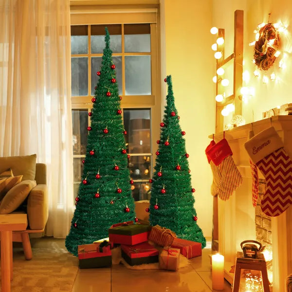 2-Pack Artificial Christmas Trees with Red Ball Ornaments - 6FT & 5FT