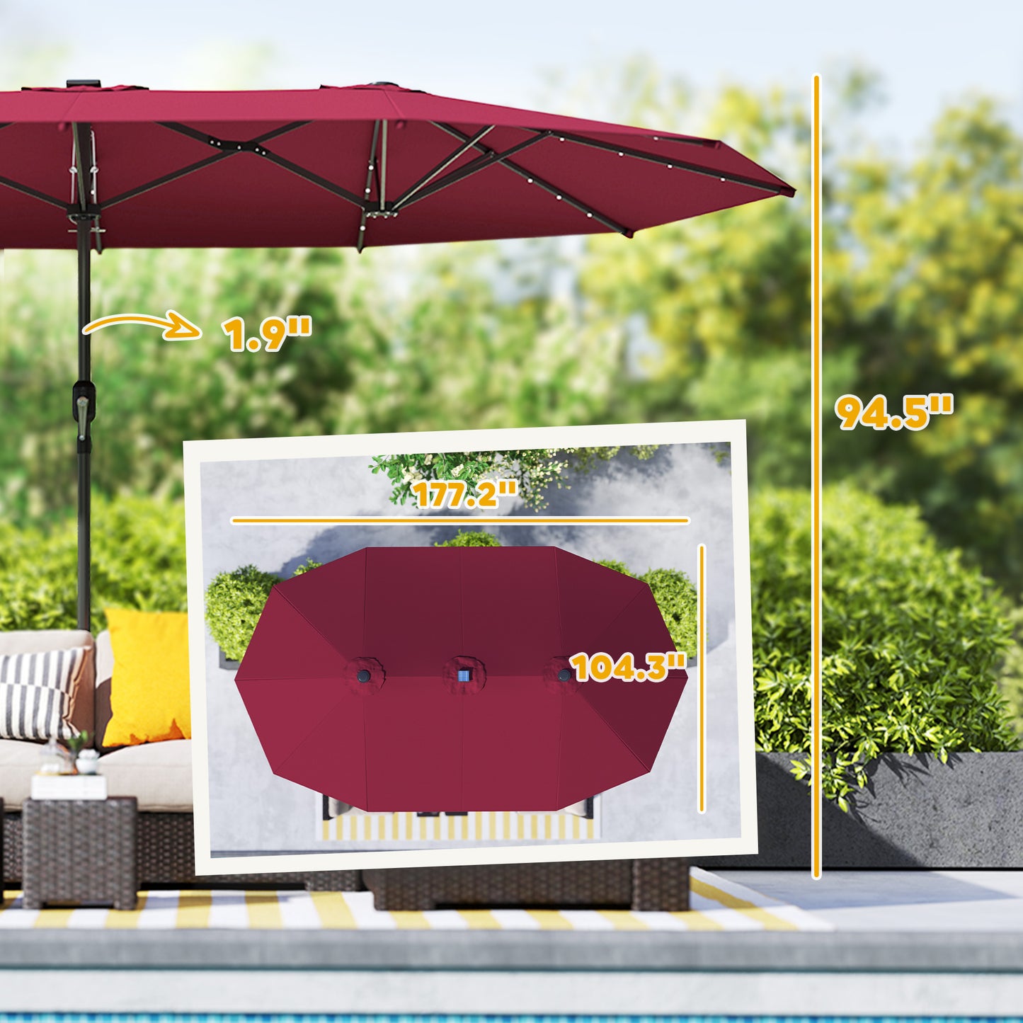 Double-Sided Patio Parasol with LED Solar Lights - Wine Red